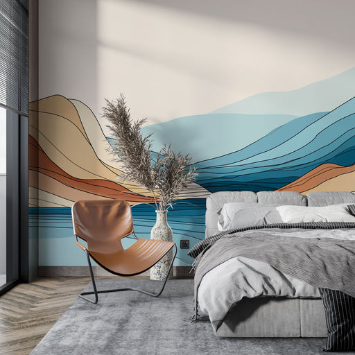 Une chambre moderne avec un papier peint abstrait aux ondulations colorées dans des tons de bleu, orange et beige créant une atmosphère apaisante et artistique.