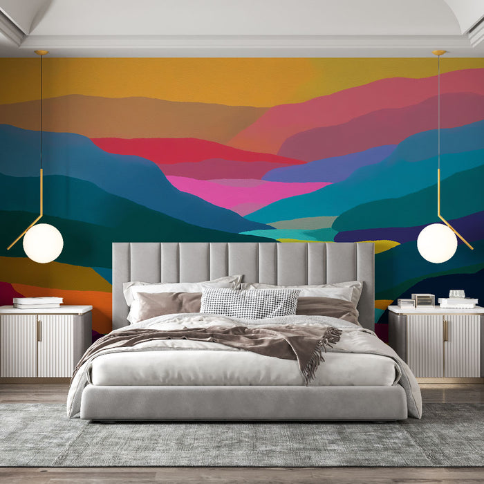 Une chambre moderne avec un papier peint abstrait aux teintes vives et ondulées évoquant des paysages colorés, créant une atmosphère dynamique et chaleureuse.