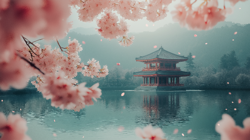 Papier peint paysages asiatiques Pavillon serein au bord de l'eau entouré de fleurs de cerisier