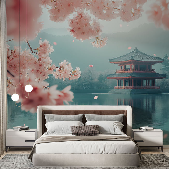 Une chambre apaisante avec un papier peint représentant des cerisiers en fleurs et un pavillon traditionnel sur fond de lac, créant une atmosphère sereine et poétique.