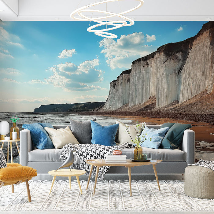 Un salon lumineux avec un papier peint représentant une vue côtière apaisante, où des falaises blanches se dressent sous un ciel bleu parsemé de nuages.