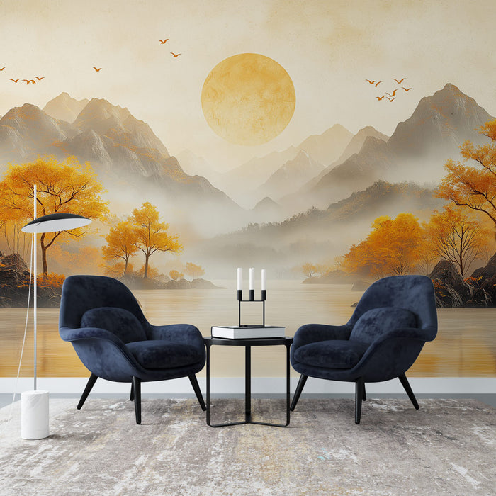 Une pièce moderne avec un papier peint représentant un paysage montagneux aux teintes chaudes d'orange et de doré, créant une atmosphère sereine et apaisante.