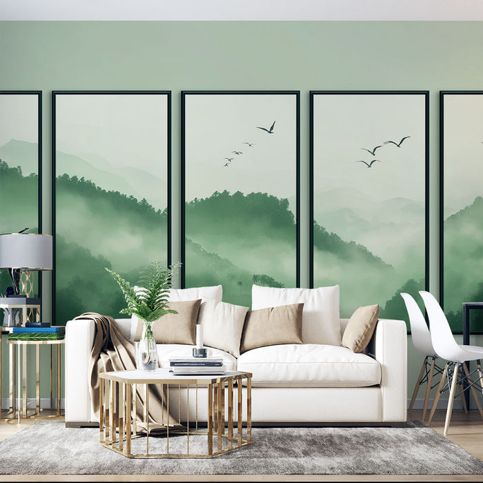Papier peint paysages de montagne | Une scène apaisante de brume et de verdure