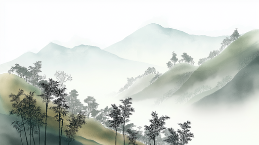 Papier peint paysages de montagne Vue apaisante de collines brumeuses avec des bambous