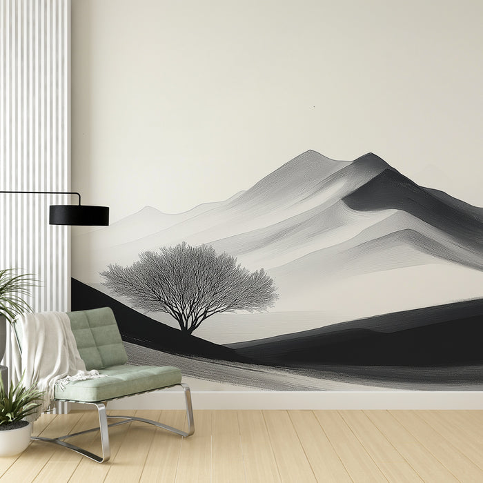 Papier peint paysages en noir et blanc | Montagnes douces et arbre isolé