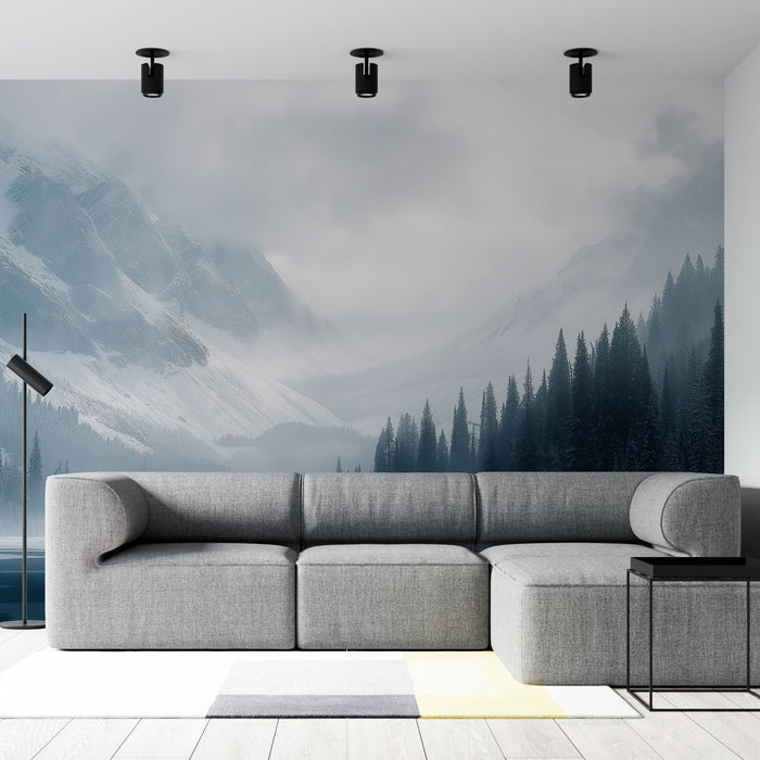 Papier peint paysages enneigés | Montagnes majestueuses sous un ciel brumeux