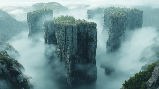 Papier peint paysages fantastiques Monolithes dans la brume et nature luxuriante