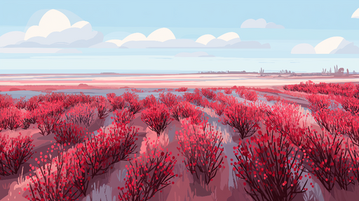 Papier peint paysages floraux Champ de buissons roses et ciel bleu