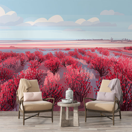 Un salon moderne avec un papier peint représentant un paysage stylisé de buissons rouges vibrants sous un ciel bleu apaisant, créant une atmosphère chaleureuse et accueillante.