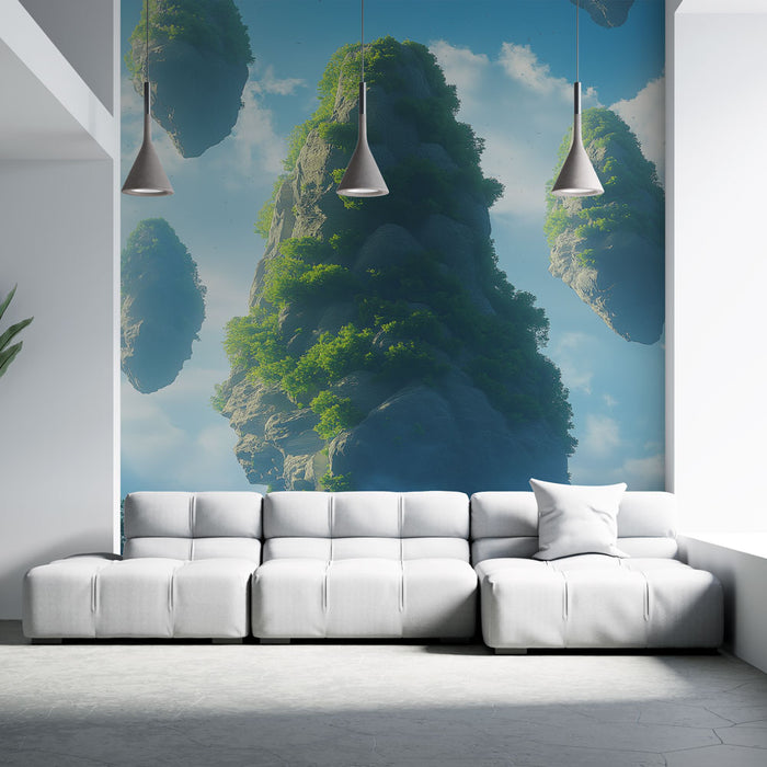Papier peint paysages flottants avec montagnes suspendues et nature luxuriante pour salon moderne.