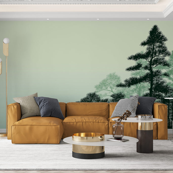 Un salon moderne avec un papier peint vert pâle illustrant des silhouettes d'arbres, créant une ambiance naturelle et apaisante.