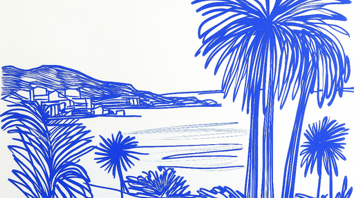 Papier peint paysages Illustrations en bleu de palmiers et bord de mer