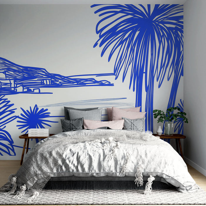 Une chambre moderne avec un papier peint aux motifs stylisés de palmiers bleus sur fond clair, créant une ambiance tropicale et rafraîchissante.