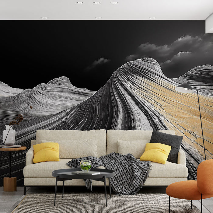 Papier peint paysage noir et or avec motifs de strates naturelles pour salon moderne