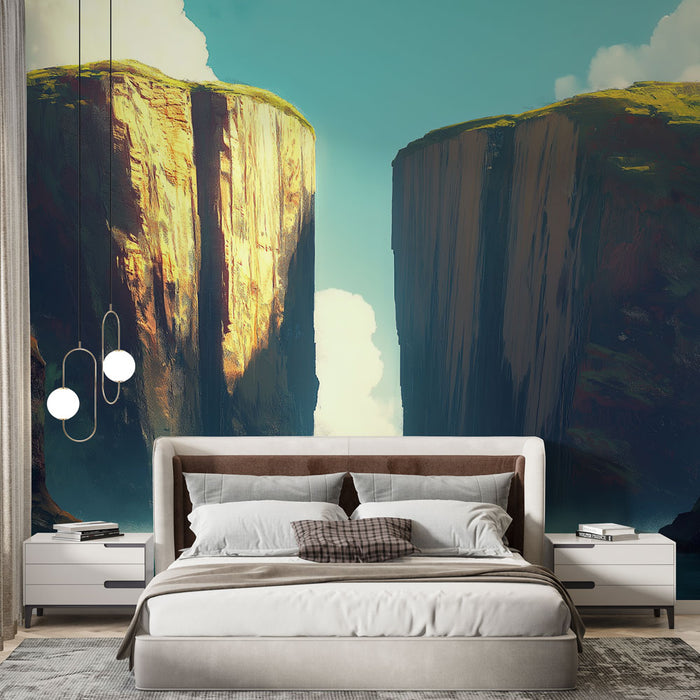 Une chambre moderne avec un papier peint représentant des falaises majestueuses sous un ciel bleu, créant une atmosphère apaisante et inspirante.