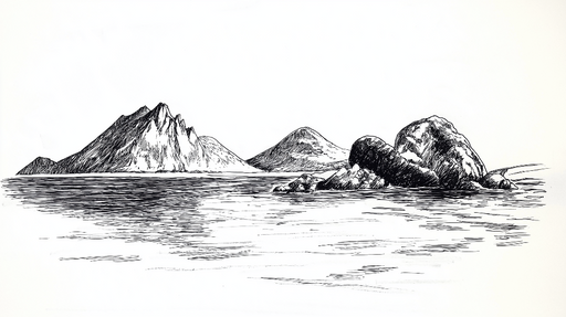 Papier peint paysages marins Contours stylisés de montagnes et rochers en bord de mer