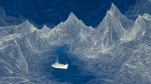 Papier peint paysages marins Montagnes ondulées dans des tons bleus profonds avec un bateau blanc