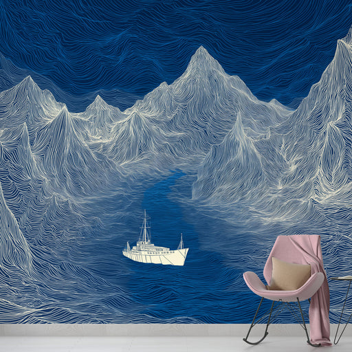 Une pièce moderne avec un papier peint représentant des montagnes stylisées en bleu et blanc, évoquant une atmosphère apaisante et maritime.