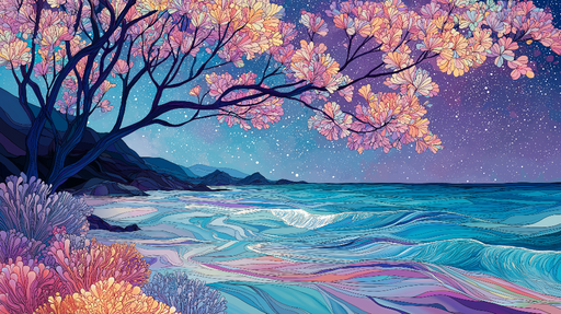 Papier peint paysages marins Vue féerique d'une plage nocturne avec fleurs et étoiles