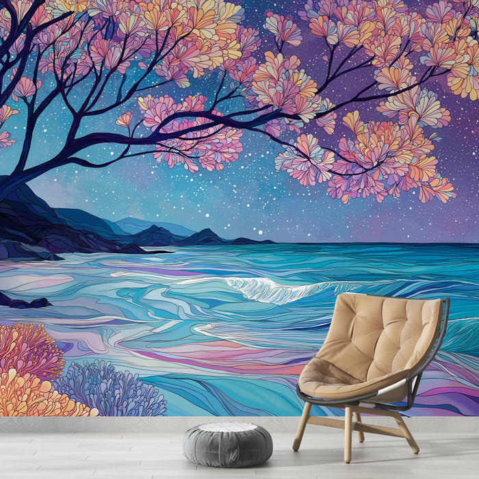 Une pièce moderne avec un papier peint artistique représentant un paysage marin vibrant aux couleurs pastel et un ciel étoilé, créant une ambiance rêveuse et apaisante.