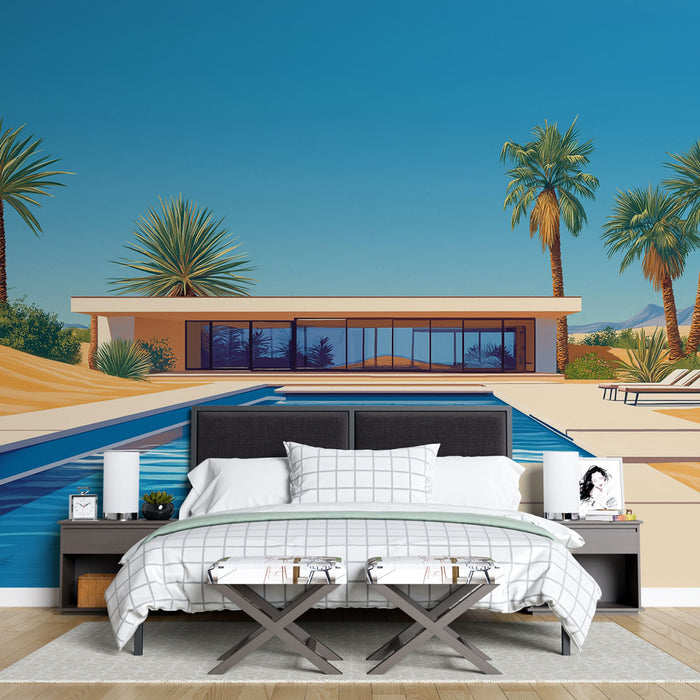 Une chambre moderne avec un papier peint représentant une villa au bord d'une piscine, entourée de palmiers et d'un ciel bleu éclatant, dégage une ambiance relaxante et estivale.