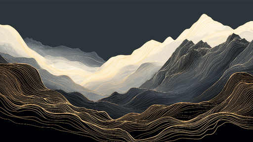 Papier peint paysages montagneux Design abstrait avec des lignes dorées sur fonds sombres