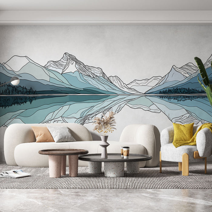 Un salon moderne avec un papier peint représentant des montagnes stylisées en nuances de bleu et de gris, créant une atmosphère apaisante et naturelle.