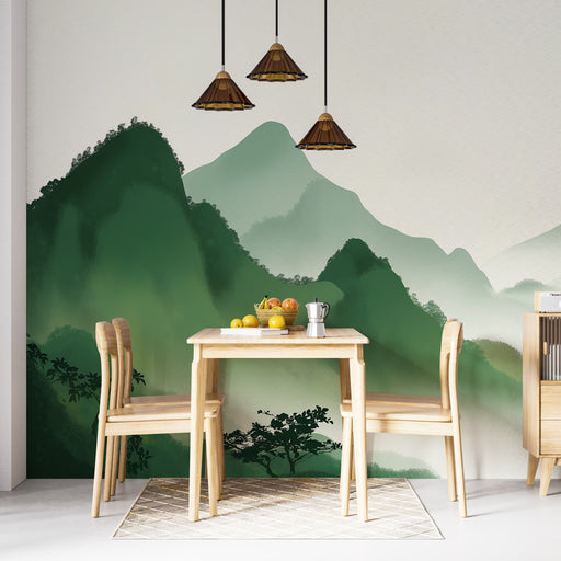 Une salle à manger moderne avec un papier peint représentant des montagnes vertes en dégradé, créant une atmosphère apaisante et naturelle.