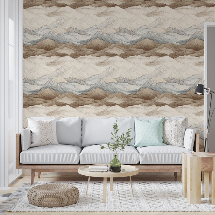 Un salon moderne avec un papier peint représentant des montagnes aux teintes beige, bleu et brun, créant une ambiance apaisante et naturelle.