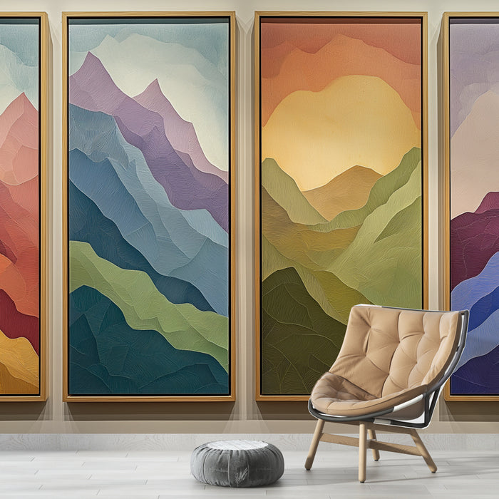 Une pièce moderne avec un papier peint représentant des montagnes stylisées aux teintes douces et variées, créant une ambiance apaisante et artistique.