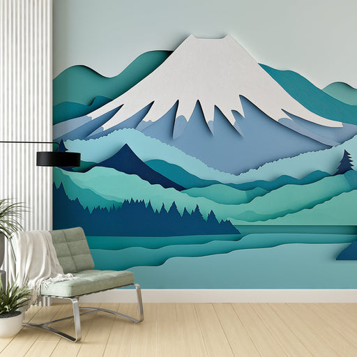Papier peint paysage montagneux avec sommets enneigés et vallées en dégradé pour salon moderne.