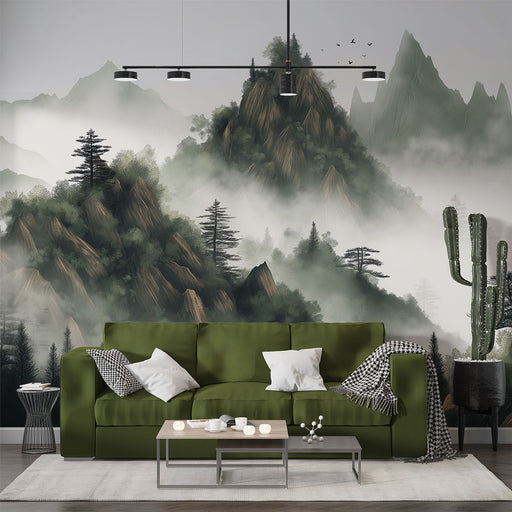 Un salon moderne avec un papier peint représentant des montagnes brumeuses et des forêts verdoyantes, créant une atmosphère apaisante et naturelle.
