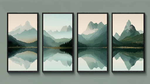 Papier peint paysages montagneux Séries d'illustrations de montagnes et reflets dans un lac paisible