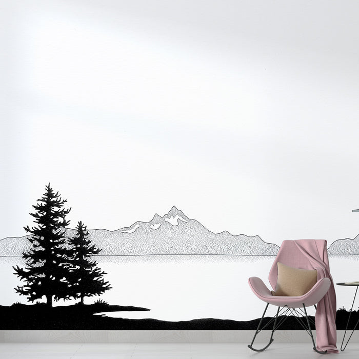 Une pièce moderne avec un papier peint représentant un paysage minimaliste en noir et blanc, mettant en avant des montagnes et des arbres, créant une ambiance apaisante et naturelle.