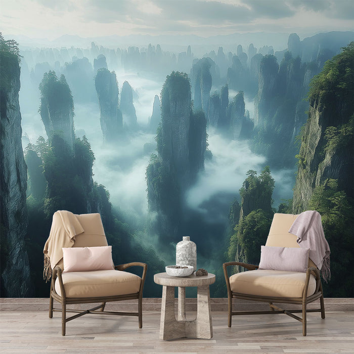 Papier peint paysages mystiques avec sommets brumeux et montagnes verdoyantes pour salon moderne