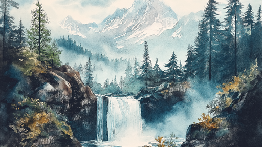 Papier peint paysages naturels Chutes d'eau et montagnes environnantes en aquarelle