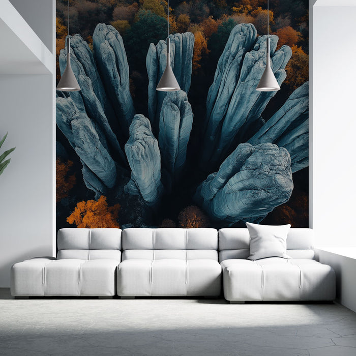Papier peint paysages naturels | Formations rocheuses majestueuses entourées d'arbres aux couleurs d'automne