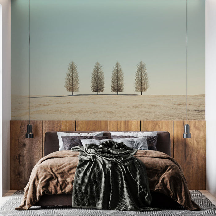 Une chambre moderne avec un papier peint représentant des arbres stylisés sur fond clair, créant une atmosphère calme et minimaliste.