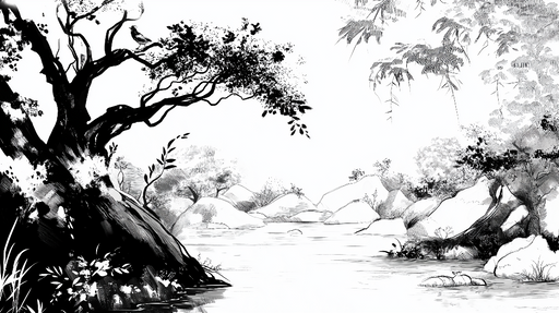 Papier peint paysages nautiques Scène paisible d'une rivière entourée d'arbres et de rochers