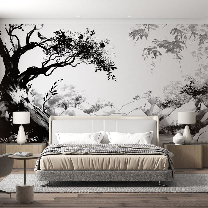 Une chambre moderne avec un papier peint monochrome représentant un paysage stylisé de branches et de montagnes, créant une atmosphère apaisante et artistique.