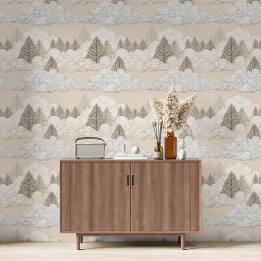 Une pièce moderne avec un papier peint représentant des nuages et des arbres dans des teintes douces de beige et gris, créant une atmosphère apaisante et naturelle.