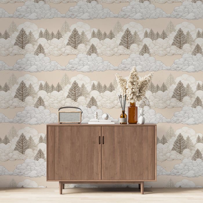 Une pièce moderne avec un papier peint représentant des nuages et des arbres dans des teintes douces de beige et gris, créant une atmosphère apaisante et naturelle.