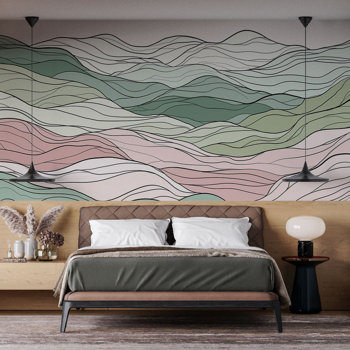 Une chambre moderne avec un papier peint abstrait aux ondulations douces dans des teintes pastel de vert et rose, créant une atmosphère apaisante et contemporaine.