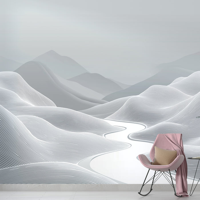 Une salle de séjour moderne avec un papier peint abstrait représentant des collines ondulantes en nuances de gris, créant une atmosphère apaisante et minimaliste.