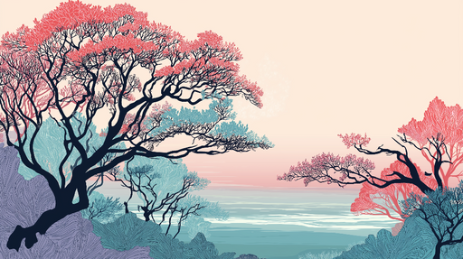 Papier peint paysages oniriques Arbres stylisés aux couleurs pastel et fond apaisant