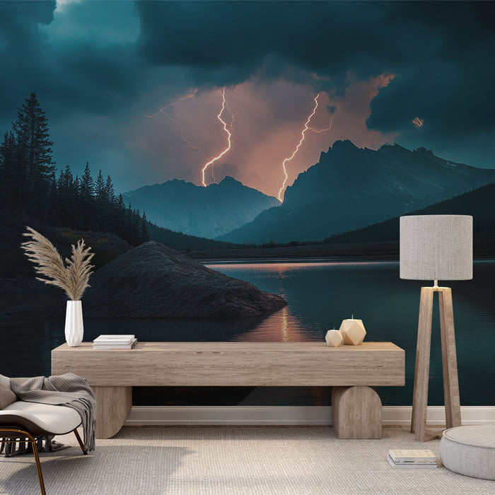Une pièce moderne avec un papier peint représentant un paysage dramatique de montagnes sous un ciel orageux, évoquant une ambiance à la fois mystérieuse et apaisante.