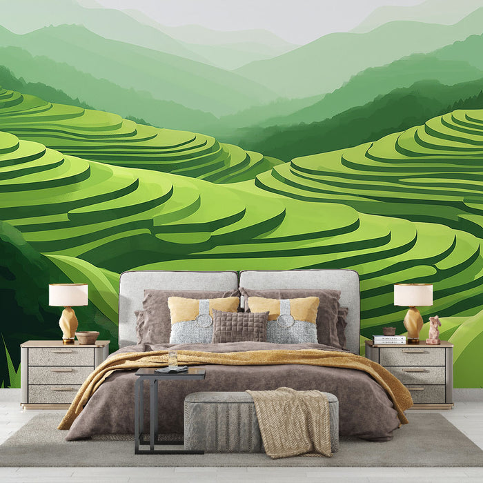 Papier peint panoramique vert avec paysages de rizières en relief pour chambre moderne
