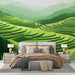 Papier peint panoramique vert avec paysages de rizières en relief pour chambre moderne