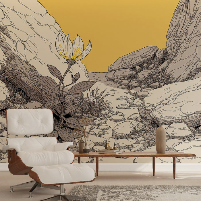 Une pièce moderne avec un papier peint illustrant un chemin de pierres et une fleur délicate sur fond jaune, créant une atmosphère apaisante et naturelle.