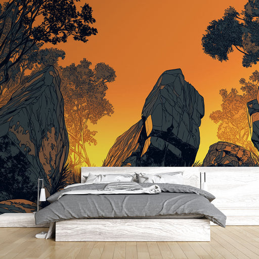 Une chambre moderne avec un papier peint représentant des rochers sombres sur fond dégradé orange, créant une atmosphère chaleureuse et naturelle.